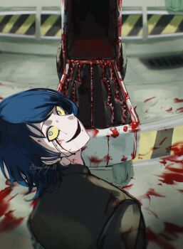absurdres black_coat blood blood_on_ground blood_splatter bloody_tears bloody_weapon blue_hair caution_tape circular_saw coat constricted_pupils drooling grate graysky_13 highres lobotomy_corporation looking_at_viewer looking_back nugget_(project_moon) pov project_moon saw sewer_grate short_hair singing_machine weapon