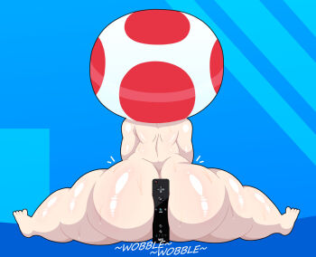 1boy ass ass_focus bare_back between_buttocks blue_background colored_skin controller from_behind game_controller huge_ass male_focus mario_(series) mushroom_boy nintendo nude senor9 sitting solo solo_focus split sweat thick_thighs thighs toad_(mario) toes white_skin wii_remote
