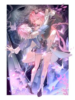 2girls black_shoes bug butterfly choker closed_eyes commentary dancing dual_persona evernight_(honkai:_star_rail) flower galaxy gloves hair_flower hair_ornament highres honkai:_star_rail honkai_(series) insect long_hair long_sleeves march_7th_(honkai:_star_rail) march_7th_(preservation)_(honkai:_star_rail) medium_hair meng_ying_can_xuan multiple_girls pink_hair pleated_skirt red_eyes shards shoes skirt thigh_strap yuri
