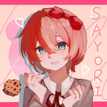 Rule 34 | 1girl, blue eyes, blush, bow, character name, collared shirt, commentary request, cookie, doki doki literature club, doki doki literature club school uniform, eyelashes, food, grey jacket, hair between eyes, hair bow, heart, highres, jacket, miao miao dawang, neck ribbon, open clothes, open jacket, open mouth, pink hair, portrait, red bow, red ribbon, ribbon, sayori (doki doki literature club), school uniform, shirt, short hair, smile, solo, white shirt