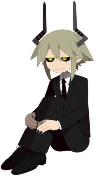 Rule 34 | 1boy, black necktie, black sclera, black suit, colored sclera, crying, demon boy, formal clothes, full body, funamusea, funamusea (artist), gloom (expression), grey hair, grey horns, horns, hugging own legs, knees up, necktie, official art, pointy ears, shirt, shoes, short hair, simple background, sitting, solo, suit, sullivan (funamusea), sutare yume, tears, wavy mouth, white background, white shirt
