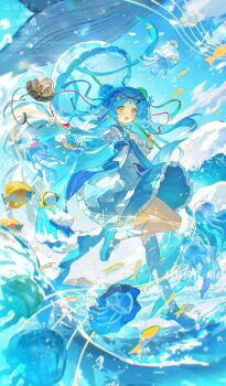 Rule 34 | 1girl, :d, absurdres, ahoge, blue hair, blue shoes, blue skirt, blue thighhighs, blush, day, fish, frilled skirt, frills, full body, highres, holding, holding umbrella, jellyfish, long hair, long sleeves, open mouth, original, outdoors, parted bangs, shirt, shoes, single thighhigh, skirt, smile, solo, standing, standing on one leg, thighhighs, umbrella, water, watermark, white shirt, yellow eyes, yi kuai cha suyou