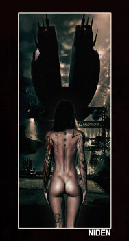 1girl angel_cartel_(eve_online) arm_tattoo ass attack_ship_(eve_online) back battleship battleship_(eve_online) black_hair building commentary completely_nude engine eve_online feet_out_of_frame framed from_behind glowing highres leg_tattoo long_hair machariel_(eve_online) machinery military military_vehicle minmatar_republic_(eve_online) niden_(nidensommer) nidensommer nude outdoors photorealistic pirate_faction_(eve_online) realistic science_fiction ship solo space_ship spacecraft spaceship standing tattoo thighs warship watercraft