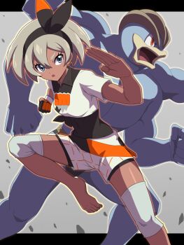1girl :o barefoot bea_(pokemon) black_bodysuit black_hairband bodysuit bodysuit_under_clothes bow_hairband breasts clenched_hand collared_shirt commentary_request dynamax_band eyelashes fighting_stance gen_1_pokemon gloves grey_eyes hairband highres knee_pads leg_up machamp mamiya_myanmar nintendo open_mouth partially_fingerless_gloves pokemon pokemon_(creature) pokemon_swsh print_shirt print_shorts shirt short_hair short_sleeves shorts single_glove toes white_shirt white_shorts