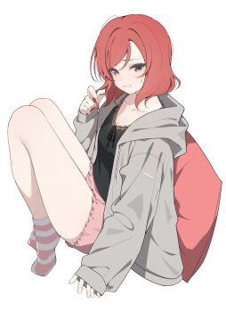 1girl black_camisole blush breasts camisole cleavage collarbone commentary_request drawstring frilled_shorts frills full_body grey_jacket hair_between_eyes highres hood hood_down hooded_jacket jacket knees_up long_sleeves looking_at_viewer love_live! love_live!_school_idol_project nishikino_maki no_shoes nose_blush open_clothes open_jacket pillow pink_shorts puffy_long_sleeves puffy_sleeves purple_eyes red_hair shiwa_(siwaa0419) short_shorts shorts simple_background sitting sleeves_past_wrists small_breasts small_sweatdrop socks solo striped_clothes striped_socks sweat white_background