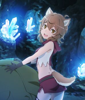 1girl :d ahoge animal_ears ass backpack bag bare_arms bare_shoulders belt black_belt black_gloves black_thighhighs breasts brown_eyes brown_hair brown_tail cave cowboy_shot crystal dimples_of_venus double-parted_bangs dungeon_ni_deai_wo_motomeru_no_wa_machigatteiru_darou_ka from_side game_cg gloves green_bag hood hood_down hooded_shirt liliruca_arde looking_at_viewer looking_to_the_side medium_breasts midriff miniskirt official_art open_mouth red_shirt red_skirt shirt short_hair side_slit skirt smile solo sparkle teeth thighhighs third-party_source toji_no_miko toji_no_miko:_kizamishi_issen_no_tomoshibi torn_clothes torn_thighhighs two-tone_shirt upper_teeth_only white_shirt