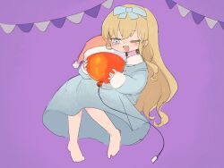 Rule 34 | 1girl, absurdres, balloon, barefoot, blonde hair, blue dress, blue eyes, blush, bow, collared dress, dress, floating, full body, hair bow, half-closed eye, hat, highres, holding, holding balloon, ino (tellu0120), long hair, long sleeves, nightcap, nightgown, one eye closed, open mouth, pajamy (vocaloid), pennant, pigeon-toed, purple background, sad smile, simple background, smile, solo, string of flags, tearing up, unworn hat, unworn headwear, vocaloid
