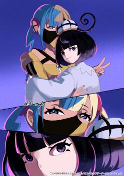 Rule 34 | 2girls, bandeau, black eyes, black hair, blonde hair, blue hair, blue nails, blunt bangs, bob cut, canari (pokemon), closed mouth, coat, dark-skinned female, dark skin, eyelashes, gwynn (pokemon), haniwa (hnw), hat, highres, hug, long sleeves, looking at viewer, looking back, mask, mouth mask, multicolored hair, multicolored nails, multiple girls, nintendo, pokemon, pokemon legends: z-a, short hair, split-color hair, twitter username, two-tone hair, two-tone nails, upper body, v, white coat, yellow nails, yuri