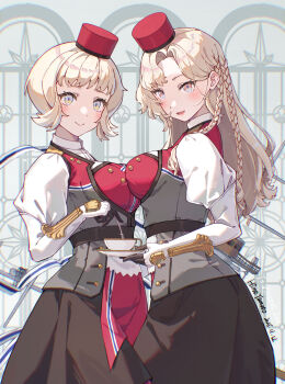 2girls asymmetrical_hair black_skirt blonde_hair braid breasts eidsvold_(kancolle) elbow_gloves gloves grey_eyes hat highres himeyamato kantai_collection large_breasts long_hair long_sleeves looking_at_viewer multiple_girls norge_(kancolle) open_mouth puffy_long_sleeves puffy_sleeves red_hat short_hair skirt smile white_gloves