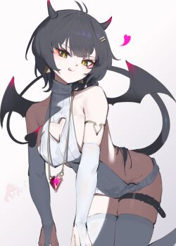 2girls :q ;q absurdres aemeath_(wuthering_waves) all_fours alternate_costume bare_shoulders belt black_hair breasts bridal_gauntlets chinese_commentary cleavage clothing_cutout commentary_request demon_girl demon_horns demon_tail earrings female_rover_(wuthering_waves) heart heart_cutout heart_necklace highres horns jewelry large_breasts long_hair looking_at_viewer multiple_girls necklace one_eye_closed rover_(wuthering_waves) solo solo_focus tail thigh_belt thigh_strap thighs tongue tongue_out triangle_earrings virgin_killer_sweater white_bridal_gauntlets wuthering_waves xue_jian_ying yellow_eyes
