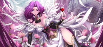 1girl alcohol arm_support artist_request ascot bangle bare_shoulders black_ascot black_thighhighs blurry blurry_foreground bracelet breasts brooch cape chain cleavage clothing_cutout code_geass code_geass:_lost_stories cornelia_li_britannia corset cup detached_collar dress drink drinking_glass feathers female_focus flower forehead game_cg gem gold_trim hair_intakes hand_up happy highres holding holding_drink holding_drinking_glass jewelry juliet_sleeves large_breasts layered_sleeves leaning_to_the_side long_hair long_sleeves looking_at_viewer navel navel_cutout non-web_source off-shoulder_dress off_shoulder official_art parted_lips pillar pink_flower puffy_sleeves purple_eyes purple_hair purple_lips red_gemstone ruins side_slit smile solo teeth thighhighs thighs v-shaped_eyebrows white_cape white_dress white_feathers wine