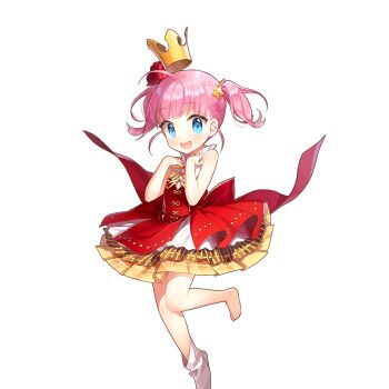 1girl aged_down akane_garnet aqua_eyes bare_shoulders crown dress flower flower_on_head hair_ornament mini_crown pink_hair red_dress red_flower red_rose rose salt_(salty) short_hair single_sock socks star_(symbol) star_hair_ornament surprised twintails uchi_no_hime-sama_ga_ichiban_kawaii white_socks