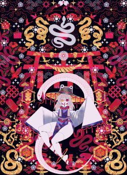 Rule 34 | 1girl, absurdres, bird, black hat, boku (isizakitakasi), bright pupils, crane (animal), flower, grey hair, hat, heterochromia, highres, long hair, moriya suwako, orange eyes, purple skirt, purple vest, red eyes, red nails, red sandals, sandals, seigaiha, shippou (pattern), side slit, skirt, sleeves past fingers, sleeves past wrists, snake, solo, thighhighs, torii, touhou, vest, white pupils, white snake, white thighhighs, wide sleeves