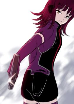 Rule 34 | 1girl, 78 (uhjn2434), aiming, aiming at viewer, breasts, commentary, elbow gloves, gloves, gun, handgun, headphones, highres, holding, holding gun, holding weapon, jacket, katori squad's uniform, katori youko, long hair, looking at viewer, purple gloves, purple jacket, purple thighhighs, red hair, short jumpsuit, short sleeves, small breasts, solo, thighhighs, weapon, world trigger, yellow eyes