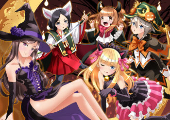 Rule 34 | 5girls, alternate costume, ange (princess principal), animal ears, beatrice (princess principal), black dress, black gloves, black hair, black headwear, black skirt, blonde hair, blue eyes, blunt bangs, bow, brown eyes, brown hair, crescent, crossed legs, dorothy (princess principal), double bun, dress, elbow gloves, fake animal ears, fake horns, flower, gloves, green headwear, grey eyes, grey hair, hair bow, hair bun, halloween, hat, hat flower, horns, japanese clothes, long hair, long sleeves, looking at viewer, miko, multiple girls, neck bell, one eye closed, open mouth, orange bow, paw pose, pink bow, pink skirt, princess (princess principal), princess principal, purple eyes, short hair, skirt, smile, taniguchi gou, tongue, tongue out, toudou chise, wide sleeves, witch hat