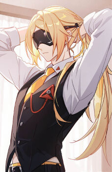 1boy arms_behind_head arms_up belt black_vest blindfold_mask blonde_hair closed_mouth commentary_request covered_eyes curtains genderswap genderswap_(ftm) glowing_mask indoors long_hair male_focus mask necktie orsat ponytail shirt sleeves_rolled_up solo trigger_(zenless_zone_zero) tying_hair upper_body vest white_shirt wire yellow_necktie zenless_zone_zero