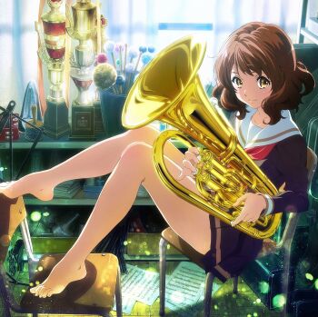 10s 1girl artist_request bare_legs barefoot black_serafuku box brown_hair brown_serafuku brown_skirt bucket chair curtains drumsticks euphonium feet feet_on_chair female_focus from_above from_side full_body hibike!_euphonium highres holding holding_instrument indoors instrument instrument_case key_visual knees_together_feet_apart knees_up legs light_particles long_sleeves looking_at_viewer metronome miniskirt neckerchief official_art oumae_kumiko paper pleated_skirt promotional_art red_neckerchief red_sailor_collar resized sailor_collar school_uniform serafuku sheet_music shelf short_hair sitting skirt smile solo tambourine toes trophy trumpet upscaled waifu2x wavy_hair window yellow_eyes