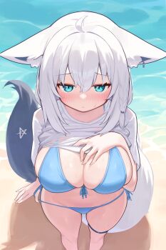1girl absurdres animal_ears beach bikini blue_bikini blush braid breasts closed_mouth clothes_lift commentary_request deaver fox_ears fox_girl fox_tail highres hololive large_breasts looking_at_viewer pentagram shirakami_fubuki shirt shirt_lift single_braid solo standing swimsuit tail thigh_strap thighs virtual_youtuber white_hair white_shirt