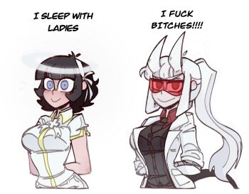 2girls angel arms_behind_back azazel_(helltaker) black_hair black_necktie black_pants black_shirt black_vest blush bob_cut breasts bxbyglossie closed_mouth collared_shirt cropped_torso cross cross_necklace demon_girl demon_horns demon_tail dress_shirt dual_persona ear_blush english_text goggles hair_ribbon hairband halo helltaker high_ponytail highres horns jewelry lab_coat large_breasts long_hair looking_at_viewer loremaster_(helltaker) meme multiple_girls necklace necktie pants ponytail red-tinted_eyewear red_shirt ribbon shirt short_hair sidelocks smile spoilers tail tinted_eyewear very_long_hair vest waistcoat white_hairband white_horns white_ribbon yellow_trim