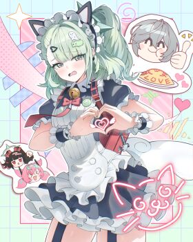 1boy 3girls animal_ears aria_(zenless_zone_zero) cat_ears commentary_request fake_animal_ears food green_hair heart heart_hands highres looking_at_viewer maid maid_headdress medium_hair multiple_girls nangong_yu official_alternate_costume omelet omurice orange_eyes ponytail ppot sunna_(afternoon_tea_break)_(zenless_zone_zero) sunna_(zenless_zone_zero) wise_(zenless_zone_zero) zenless_zone_zero