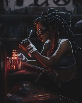 1girl absurdres black_gloves blurry blurry_background closed_mouth commentary cowboy_shot cube dark-skinned_female dark_skin desk dreadlocks english_commentary from_side gloves goggles grey_sports_bra highres holding holding_tool indoors lips long_hair original simple_background solo sports_bra titanartx tools working