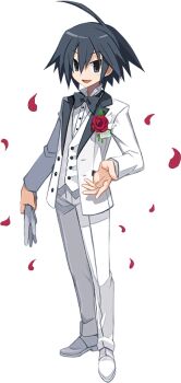 1boy ahoge almaz_von_almadine_adamant black_bow black_bowtie black_hair bow bowtie disgaea disgaea_rpg flower formal_clothes gloves hair_between_eyes looking_at_viewer male_focus official_art open_mouth pants petals red_flower red_rose rose shirt single_glove smile suit transparent_background white_footwear white_gloves white_pants white_suit