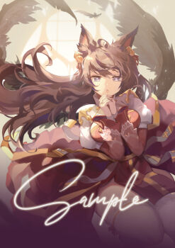 Rule 34 | 1girl, absurdres, animal ears, arch bishop (ragnarok online), bell, black wings, breasts, brown dress, brown hair, chinese commentary, cleavage cutout, clothing cutout, commentary request, cross, dollyly21, dress, feathered wings, floating hair, fox ears, fox girl, fox tail, full body, hair bell, hair ornament, highres, interlocked fingers, jingle bell, juliet sleeves, large breasts, long hair, long sleeves, looking at viewer, open mouth, own hands together, puffy sleeves, purple eyes, ragnarok online, sample watermark, sash, solo, tail, thighhighs, two-tone dress, watermark, white dress, white thighhighs, window, wings, yellow sash