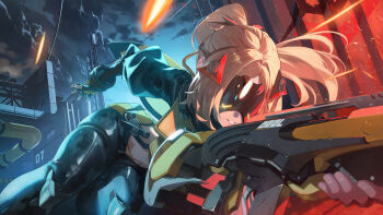 1girl absurdres black_gloves black_pants black_shrug blindfold_mask blonde_hair camouflage camouflage_jacket camouflage_pants daniel_deng eye_mask fingerless_gloves gloves gun hair_ornament highres holding holding_gun holding_weapon jacket long_hair long_sleeves mask navel outdoors pants parted_lips rifle shrug_(clothing) smile sniper_rifle solo stomach trigger_(zenless_zone_zero) weapon zenless_zone_zero