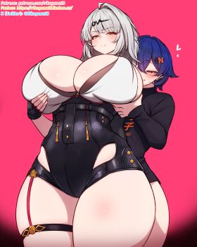 2girls ahoge alternate_breast_size_(larger) arm_behind_back belle_(zenless_zone_zero) black_background black_gloves black_shirt blue_hair blush bottomless breasts bright_pupils closed_mouth clothes_writing clothing_cutout commentary_request cowboy_shot earrings fanbox_username fingerless_gloves from_below gloves grabbing_another's_breast grabbing_from_behind grabbing_own_breast gradient_background green_eyes grey_hair groping hair_between_eyes hair_ornament hairclip half-closed_eyes hand_up heart high-waist_shorts highres hip_vent huge_breasts jewelry letter_hair_ornament long_bangs long_hair long_sleeves looking_at_another multiple_girls one_eye_covered paid_reward_available patreon_username red_background rikuguma shirt short_hair shorts sideboob sideways_glance single_hair_intake standing tassel thigh_strap twitter_username two-tone_background v-shaped_eyebrows white_pupils white_shirt yixuan_(zenless_zone_zero) zenless_zone_zero