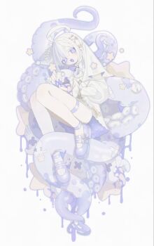 1girl @_@ blue_eyes chain fish_skeleton full_body highres long_sleeves looking_at_viewer open_mouth original purple_eyes sharp_teeth snake6tenpura solo star_(symbol) teeth tentacles thigh_strap veil white_background white_hair white_veil