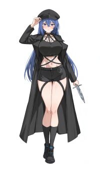 1girl black_coat black_hat black_shoes black_shorts black_socks blue_eyes blue_hair breasts bright_pupils coat commentary commission english_commentary evil_rat fukuchi_reimi_(lmasayoshi) full_body hat highres holding holding_knife knife long_hair long_sleeves navel open_clothes open_coat original shoes shorts socks solo stomach thighs white_background white_pupils