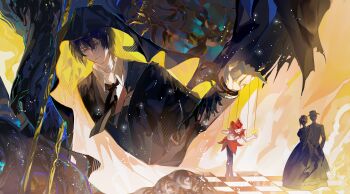 abstract_background absurdres benson_moretti black_cloak black_robe brothers chinese_commentary cloak commentary_request dark fog highres klein_moretti lord_of_the_mysteries melissa_moretti rengongfuyou robe sad siblings yellow_background