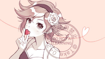 1girl agnea_bristarni breasts cleavage commentary_request eyelashes flower hair_flower hair_ornament hairband heart looking_at_viewer monochrome octopath_traveler octopath_traveler_ii rose short_hair solo spot_color tekutonbo watermark