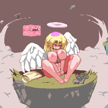 1boy 1girl angel animated animated_gif aoihitsuji assertive_female between_breasts blonde_hair bouncing_breasts breasts cloud cross-section cum cum_in_pussy feathers floating_island halo heart heaven hetero huge_breasts looping_animation original pixel_art rape red_eyes sex size_difference smile thighs water waterfall wings x-ray