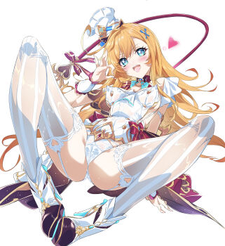 1girl absurdres blonde_hair blue_eyes blush breasts chef_hat commentary_request covered_erect_nipples cowlick escoffier_(genshin_impact) fellatio_gesture fork_hair_ornament genshin_impact hat heart heart_in_eye highres long_hair looking_at_viewer mechanical_tail medium_breasts niko_(tama) open_mouth panties reclining saliva saliva_trail solo spread_legs symbol_in_eye tail thighhighs underwear white_background white_hat white_panties white_thighhighs wrist_cuffs