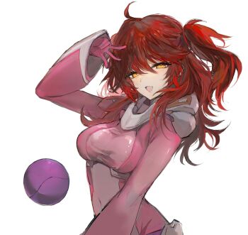 Rule 34 | 1girl, absurdres, ahoge, bad haro, bodysuit, breasts, commentary request, covered navel, fang, freckles, gundam, gundam 00, hachi0047, highres, long hair, looking at viewer, mecha pilot suit, nena trinity, normal suit (gundam), open mouth, pink bodysuit, red hair, simple background, skin fang, two side up, w, white background, yellow eyes