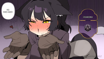 animal_ears black_hair blowing_kiss breasts cat_ears cat_tail commentary dice embarrassed english_commentary english_text gameplay_mechanics gloves heart highres junkzero medium_breasts palms ponytail slit_pupils spoken_heart sweat tail yellow_eyes
