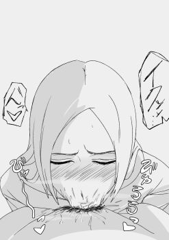 1boy 1girl artist_request bleach blush breasts breasts_out closed_eyes fellatio hetero inoue_orihime japanese_text long_hair male_pubic_hair motion_lines nipples oral pubic_hair translation_request