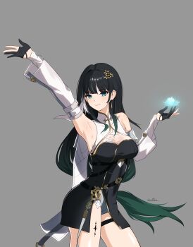 1girl absurdres armpits baizhi_(wuthering_waves) black_dress breasts cleavage commentary dress earrings green_eyes hair_ornament highres jewelry long_hair solo tacet_mark_(wuthering_waves) tagme utim wuthering_waves