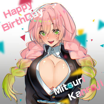 1girl :d belt black_jacket blurry blurry_foreground blush braid breasts bursting_breasts character_name cleavage collared_shirt commentary_request confetti demon_slayer_uniform english_text gradient_background gradient_hair green_eyes green_hair hair_between_eyes happy_birthday hashimoto_(yanagi-momo) heart huge_breasts jacket japanese_clothes kanroji_mitsuri kimetsu_no_yaiba large_breasts long_hair long_sleeves looking_at_viewer mole mole_under_eye multicolored_hair open_clothes open_mouth open_shirt partially_unbuttoned pink_hair shirt smile solo teeth twin_braids two-tone_hair unbuttoned upper_body white_background white_belt white_shirt