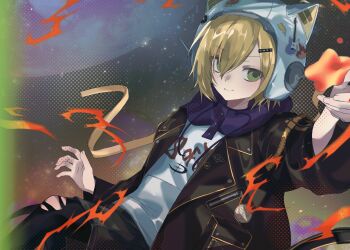 1boy animal_ear_helmet animal_ears animal_helmet black_jacket black_leggings black_shorts blonde_hair blue_hood cat_ears character_name closed_mouth clothes_writing commentary drawstring fake_animal_ears feet_out_of_frame flame_print floating green_eyes hair_ornament hair_over_one_eye hairclip halftone hand_up hashtag-only_commentary helmet highres hood hood_down hoodie jacket lapels leggings lightning_bolt_print male_focus nijisanji notched_lapels open_clothes open_jacket pocket print_hoodie short_hair shorts solo space space_helmet star_(symbol) sticker torn_clothes torn_leggings uzuki_kou uzuki_kou_(5th_costume) virtual_youtuber white_helmet white_hoodie wolf_cut yellow_trim yubudon