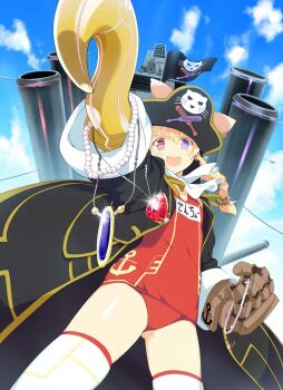 1girl :d android animal_ears blonde_hair blue_gemstone cannon card_(medium) cat_ears character_name covered_navel doll_joints english_text flat_chest from_below game_cg gem giant_fist hat heterochromia hook hook_hand horns jewelry joints low_twintails mechanical_horns medium_hair muramasa_(senran_kagura) necklace official_art one-piece_swimsuit open_mouth pearl_necklace pirate power_fist purple_eyes red_eyes red_gemstone red_one-piece_swimsuit senran_kagura senran_kagura_new_wave skull_and_crossbones smile solo swimsuit tricorne twintails