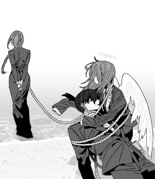 1girl 2boys amputee angel_devil_(chainsaw_man) armless_amputee arms_behind_back beach black_suit braid chain chained chainsaw_man demon dress feathered_wings formal_clothes greyscale halo hayakawa_aki highres kkangmuu long_dress long_hair looking_ahead makima_(chainsaw_man) monochrome multiple_boys ocean on_one_knee sand suit unconscious wading wings