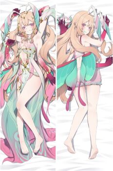 1girl :p arm_behind_head arthropod_girl barefoot blonde_hair bracelet breasts colored_extremities colored_tongue dakimakura_(medium) extra_arms gold_bracelet green_tongue head_wings indie_virtual_youtuber insect_girl insect_wings jewelry looking_back low_wings median_furrow moth_girl moth_wings nail_polish navel pink_nails pointy_ears purple_eyes small_breasts smile toenail_polish toenails tongue tongue_out ume_aino valefal_coneri virtual_youtuber wings