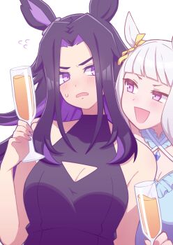 2girls absurdres animal_ears black_dress black_hair blue_dress blunt_bangs blush bow breasts cleavage cleavage_cutout clothing_cutout commentary_request cup dress ear_bow fenomeno_(umamusume) flipped_hair gold_ship_(umamusume) grey_hair highres holding holding_cup horse_ears horse_girl long_hair medium_breasts multicolored_hair multiple_girls open_mouth purple_eyes purple_hair simple_background sleeveless smile sweatdrop umamusume upper_body w3n6e white_background yellow_bow