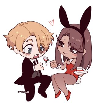 1boy 1girl :o animal_ear_hairband animal_ears black_coat black_necktie black_pants black_suit black_vest blonde_hair blue_eyes blush brown_eyes brown_hair cake cake_slice chair chibi chibi_only coat collared_shirt detached_collar fake_animal_ears feeding food formal_clothes full_body hair_over_one_eye hairband head_tilt heart high_heels highres holding holding_cake holding_food holding_spoon invisible_chair leotard long_eyelashes long_hair looking_at_another necktie on_chair open_mouth original pants pantyhose par0llel playboy_bunny rabbit_ear_hairband rabbit_ears rabbit_tail reaching reaching_towards_another red_leotard shirt short_hair sitting sleeve_cuffs smile spoon suit surprised swept_bangs tail teeth upper_teeth_only vest white_background white_shirt wrist_cuffs