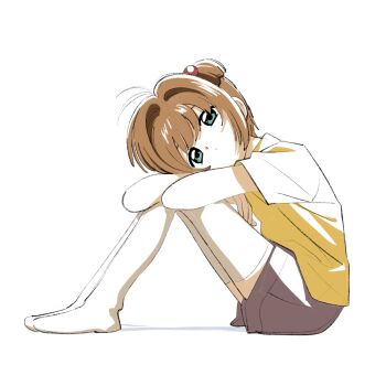 1girl antenna_hair brown_hair brown_shorts cardcaptor_sakura casual green_eyes hair_bobbles hair_intakes hair_ornament head_rest highres hugging_own_legs kinomoto_sakura looking_afar nnn-ollll no_shoes on_floor one_side_up shirt short_hair shorts simple_background sitting solo t-shirt thighhighs white_background white_thighhighs yellow_shirt