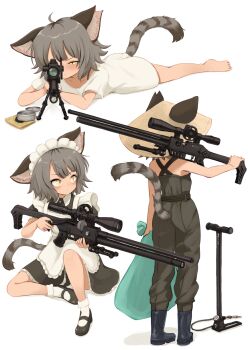 1girl ahoge aiming aiming_at_viewer air_gun animal_ear_fluff animal_ears apron bag bare_legs bare_shoulders barefoot batta_(kanzume_quality) belt bipod black_boots black_dress black_shoes boots brown_belt cat_ears cat_girl cat_tail closed_mouth collarbone commentary_request conical_hat dress frilled_apron frilled_dress frills from_behind full_body grey_hair grey_tail gun highres holding holding_bag holding_gun holding_weapon lying maid maid_apron maid_headdress mary_janes multiple_views on_stomach original over_shoulder overalls puffy_short_sleeves puffy_sleeves pump reloading rubber_boots scope shirt shoes short_hair short_sleeves simple_background sitting socks solo squinting standing striped_tail suspenders tail target valve waist_apron weapon weapon_over_shoulder white_apron white_background white_shirt white_socks yellow_eyes