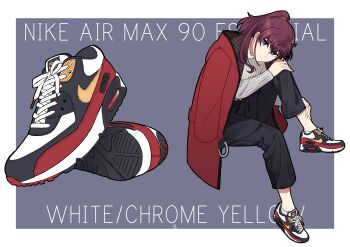 Rule 34 | 1girl, absurdres, air max 90, black pants, blue eyes, border, casual, closed mouth, commentary request, footwear focus, full body, highres, jacket, jacket on shoulders, jouhou, konohana suzuka, leg up, long sleeves, looking at viewer, medium hair, multicolored shoes, nike (company), outside border, pants, ponytail, purple background, purple hair, red jacket, shoes, simple background, sitting, sneakers, solo, sweater, toji no miko, turtleneck, turtleneck sweater, white border, white sweater