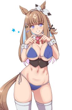 Rule 34 | 1girl, absurdres, almond eye (umamusume), alternate costume, animal ears, bikini, blue bikini, blue eyes, blue hair, bow, bowtie, braid, breasts, brown corset, brown hair, brown tail, cleavage, colored inner hair, commentary request, contrapposto, corset, cowboy shot, cross-shaped pupils, detached collar, four-finger heart hands, gluteal fold, grin, hakutaqanta, heart, heart hands, highres, horse ears, horse girl, horse tail, large breasts, long hair, looking at viewer, multicolored hair, navel, red bow, red bowtie, side-tie bikini bottom, side braid, simple background, single braid, skindentation, smile, solo, stomach, swimsuit, symbol-shaped pupils, tail, thick thighs, thighhighs, thighs, too many hair ornaments, umamusume, white background, white thighhighs, x-shaped pupils